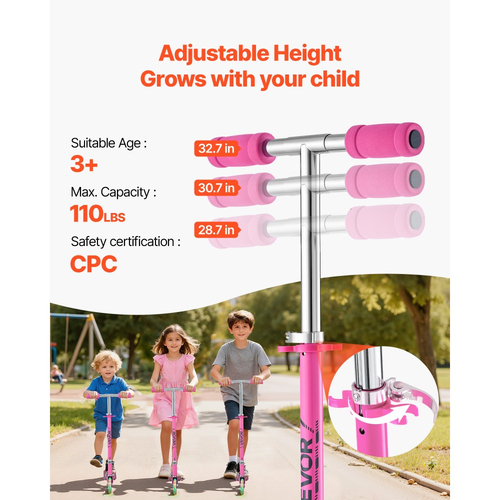 Πατίνι VEVOR για παιδιά ηλικίας 3+ ετών, 2 τροχοί με φωτιζόμενους τροχούς, ρυθμιζόμενο ύψος τιμονιού, φαρδιά αντιολισθητική βάση, πτυσσόμενο ελαφρύ πλαίσιο για αγόρια και κορίτσια έως 49,9 κιλά, ροζ
