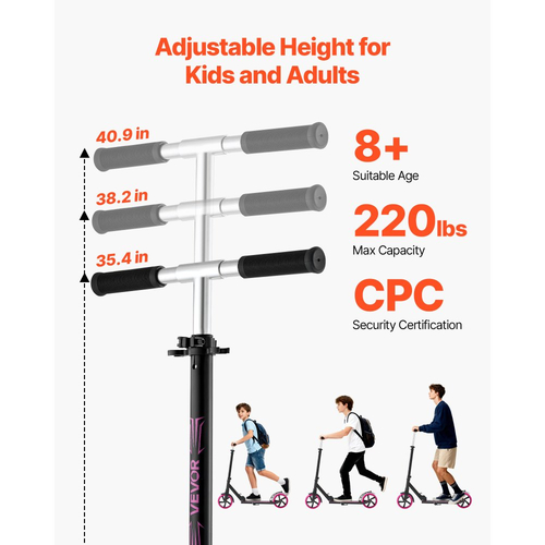 Πατίνι VEVOR για παιδιά 8+ ετών, εφήβους και ενήλικες, δίτροχο πατίνι για νήπια με ρυθμιζόμενο ύψος τιμονιού, φαρδιά αντιολισθητική βάση, πτυσσόμενο ελαφρύ πλαίσιο για αγόρια και κορίτσια έως 99,8 κιλά, ροζ