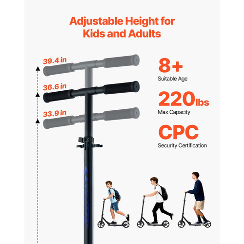 Πατίνι VEVOR για παιδιά 8+ ετών, εφήβους και ενήλικες, δίτροχο πατίνι για νήπια με ρυθμιζόμενο ύψος τιμονιού, φαρδύ αντιολισθητικό δάπεδο, πτυσσόμενο ελαφρύ για αγόρια και κορίτσια έως 99,8 κιλά, μαύρο + μωβ