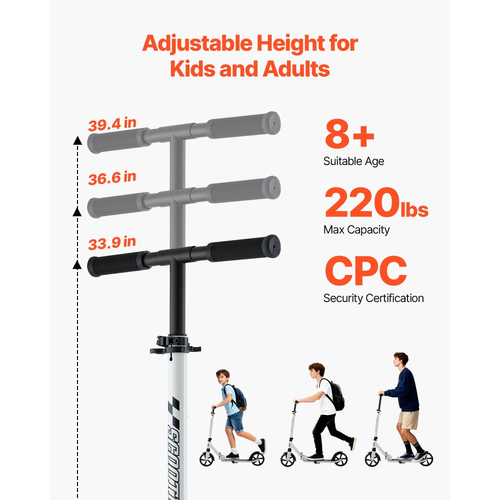 Πατίνι VEVOR για παιδιά 8+ ετών, εφήβους και ενήλικες, δίτροχο πατίνι για νήπια με ρυθμιζόμενο ύψος τιμονιού, φαρδύ αντιολισθητικό δάπεδο, πτυσσόμενο ελαφρύ για αγόρια και κορίτσια έως 99,8 κιλά, λευκό + μαύρο