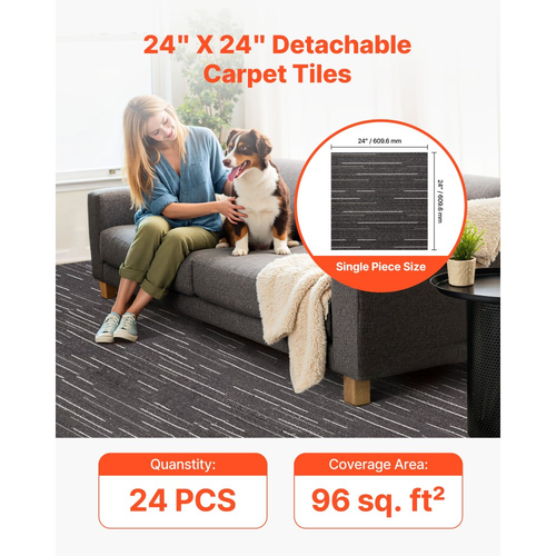 Πλακάκια χαλιού VEVOR Επαναχρησιμοποιούμενα 610x610 mm, 24 τεμάχια αρθρωτό τετράγωνο χαλί, Εμπορικό δάπεδο με μαλακή επένδυση για κάλυψη χωρίς ραφές 8,9㎡, Εύκολη αντικατάσταση DIY για σαλόνι, υπνοδωμάτιο, γραφείο, εσωτερικό, γκρι