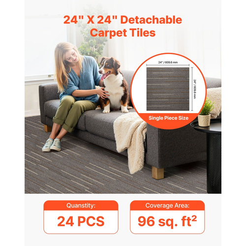 Πλακάκια χαλιού VEVOR Επαναχρησιμοποιούμενα 610x610 mm, 24 τεμάχια αρθρωτό τετράγωνο χαλί, Εμπορικό δάπεδο με μαλακή επένδυση για κάλυψη χωρίς ραφές 8,9㎡, Εύκολη αντικατάσταση DIY για σαλόνι, υπνοδωμάτιο, γραφείο, εσωτερικό, σκούρο καφέ