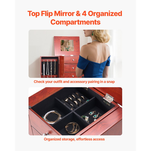 Ντουλάπι κοσμημάτων VEVOR, Ξύλινο συρτάρι αποθήκευσης κοσμημάτων με 4 ευρύχωρα συρτάρια, αναδιπλούμενος καθρέφτης, 4 επάνω διαμερίσματα αποθήκευσης, λαβές από κράμα ψευδαργύρου, 2 πλαϊνές πόρτες με 16 γάντζους κολιέ