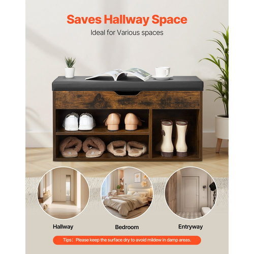 Πάγκος Παπουτσιών VEVOR Εισόδου, Οργανωτής Αποθήκευσης Παπουτσιών 805 x 305 x 445 mm με Κρυφό Ανυψωτικό Χώρο Αποθήκευσης, Πάγκος 130 κιλών με Μαξιλάρι και 3 Ντουλάπια για Διάδρομο, Σαλόνι, Υπνοδωμάτιο, Καφέ + Μαύρο