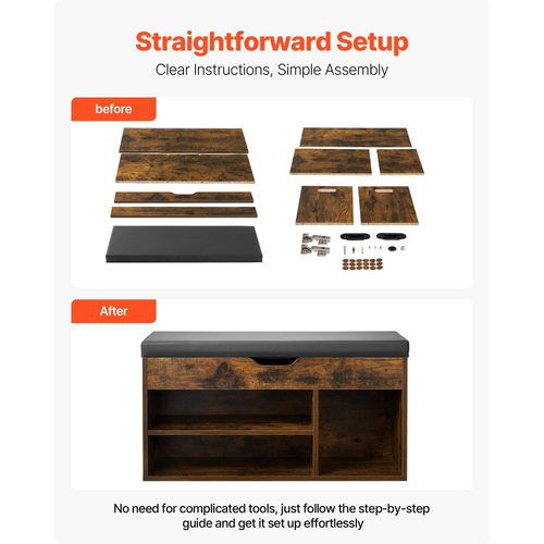 Πάγκος Παπουτσιών VEVOR Εισόδου, Οργανωτής Αποθήκευσης Παπουτσιών 805 x 305 x 445 mm με Κρυφό Ανυψωτικό Χώρο Αποθήκευσης, Πάγκος 130 κιλών με Μαξιλάρι και 3 Ντουλάπια για Διάδρομο, Σαλόνι, Υπνοδωμάτιο, Καφέ + Μαύρο