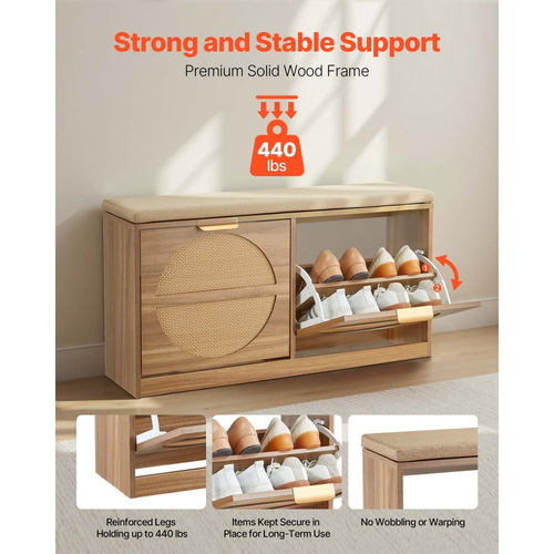 Πάγκος Παπουτσιών VEVOR Εισόδου, Πάγκος Παπουτσιών σε Σχέση με Ρατάν 988 x 240 x 500 mm με Αναδιπλούμενα Συρτάρια, Ράφι Αποθήκευσης Παπουτσιών 440lbs με Μαξιλάρι, 4 Διαμερίσματα και Πόρτες από Ρατάν, για Διάδρομο, Σαλόνι, Υπνοδωμάτιο