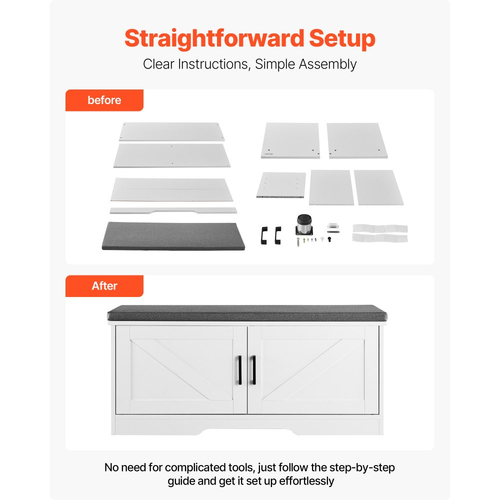 Πάγκος αποθήκευσης παπουτσιών VEVOR, Οργανωτής παπουτσιών 1000 x 355 x 460 mm με επενδεδυμένο μαξιλάρι καθίσματος, Πάγκος εισόδου με 2 πόρτες αχυρώνα και ράφι ρυθμιζόμενου ύψους, για διάδρομο, σαλόνι, υπνοδωμάτιο, λευκό + μαύρο