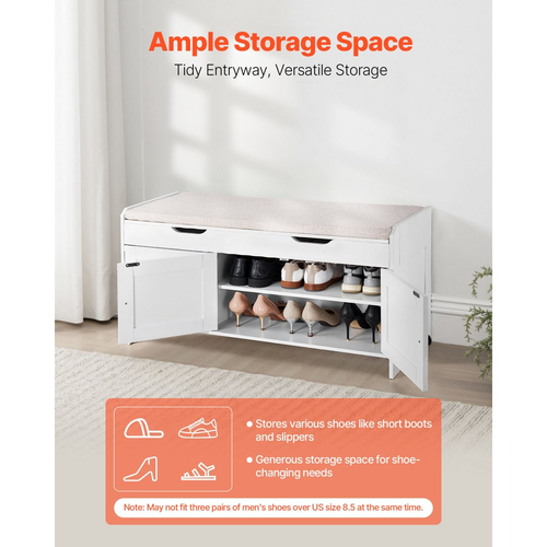 Πάγκος Παπουτσιών VEVOR, Πάγκος Εισόδου 1050 x 350 x 503 mm με Ανυψούμενη Αποθήκευση και Μαξιλάρι Καθίσματος, Ράφι Αποθήκευσης Παπουτσιών 250 λίβρες με 3 Ντουλάπια και Ράφι Ρυθμιζόμενου Ύψους, για Υπνοδωμάτιο, Διάδρομο, Λευκό + Μαύρο