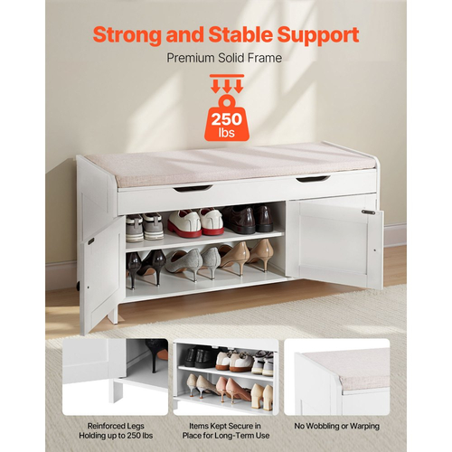 Πάγκος Παπουτσιών VEVOR, Πάγκος Εισόδου 1050 x 350 x 503 mm με Ανυψούμενη Αποθήκευση και Μαξιλάρι Καθίσματος, Ράφι Αποθήκευσης Παπουτσιών 250 λίβρες με 3 Ντουλάπια και Ράφι Ρυθμιζόμενου Ύψους, για Υπνοδωμάτιο, Διάδρομο, Λευκό + Μαύρο