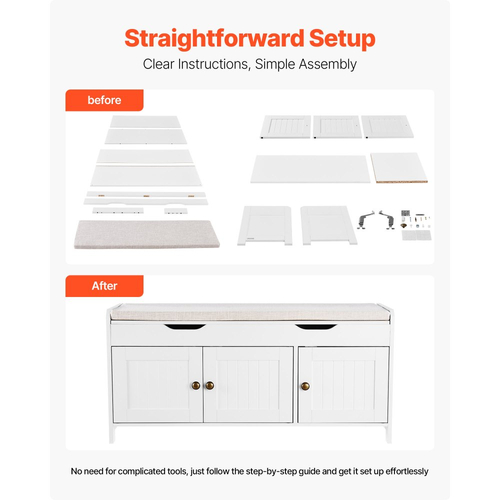 Πάγκος Παπουτσιών VEVOR, Πάγκος Εισόδου 1050 x 350 x 503 mm με Ανυψούμενη Αποθήκευση και Μαξιλάρι Καθίσματος, Ράφι Αποθήκευσης Παπουτσιών 250 λίβρες με 3 Ντουλάπια και Ράφι Ρυθμιζόμενου Ύψους, για Υπνοδωμάτιο, Διάδρομο, Λευκό + Μαύρο