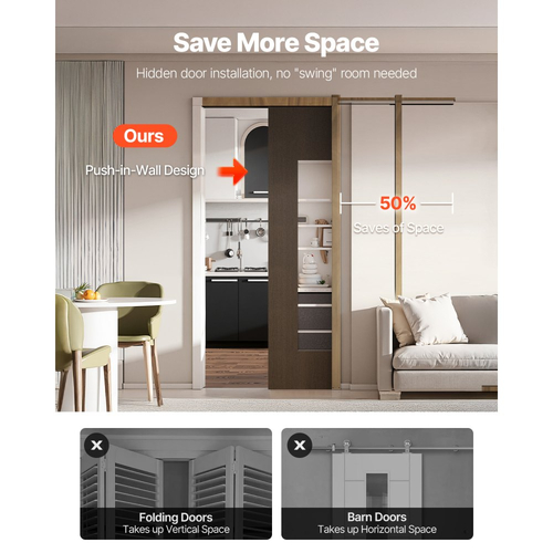 Κιτ Πλαισίου Πόρτας Pocket VEVOR, για Πόρτα Πλάτους 610-914mm και Ύψους 2032mm, Κιτ Πόρτας Pocket με Μηχανισμό Ομαλού Κλεισίματος Δύο Κατευθύνσεων, Ομαλή Ολίσθηση, Εύκολη Εγκατάσταση, Ξύλο και Γαλβανισμένο Ατσάλι, για Σαλόνι