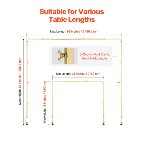 Βάση επιτραπέζιας αψίδας VEVOR με σφιγκτήρες, ύψος 13"-42" και ρυθμιζόμενο μήκος 28"-98", μεταλλική βάση επιτραπέζιας αψίδας, επιτραπέζια αψίδα με μπαλόνι για χριστουγεννιάτικες διακοσμήσεις γάμου, πάρτι γενεθλίων, χρυσή