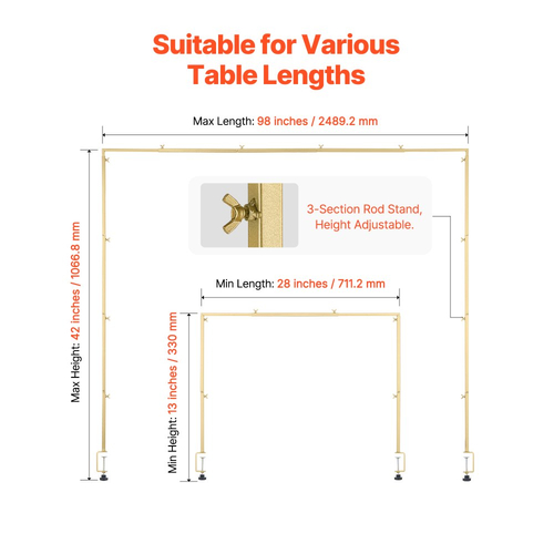 Βάση τραπεζιού VEVOR με σφιγκτήρες, ύψος 13"-42" και ρυθμιζόμενο μήκος 28"-98", μεταλλική αψίδα τραπεζιού με ρατάν, επιτραπέζια αψίδα σε σχήμα μπαλονιού για χριστουγεννιάτικες διακοσμήσεις γάμου, γενεθλίων, χρυσό