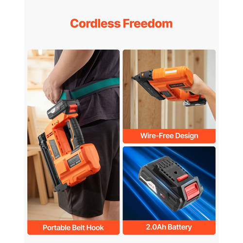 Ασύρματο καρφωτικό VEVOR Brad, 18 Gauge, πιστόλι καρφιών με μπαταρία 20V, με 500 καρφιά, μπαταρία ιόντων λιθίου 2.0 Ah και φορτιστή, ρυθμιζόμενο βάθος καρφώματος, για βελτίωση σπιτιού, ξυλουργικές εργασίες, DIY εργασίες