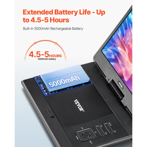 Φορητή συσκευή αναπαραγωγής DVD VEVOR, περιστρεφόμενη οθόνη HD 14 ιντσών, ενσωματωμένη επαναφορτιζόμενη μπαταρία 4,5-5 ωρών, διπλά ηχεία, υποστήριξη συγχρονισμού τηλεόρασης/USB/κάρτας SD/CD/DVD, φορτιστής αυτοκινήτου, τροφοδοτικό AC, τηλεχειριστήριο