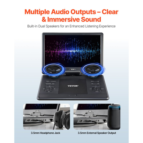 Φορητή συσκευή αναπαραγωγής DVD VEVOR, περιστρεφόμενη οθόνη HD 14 ιντσών, ενσωματωμένη επαναφορτιζόμενη μπαταρία 4,5-5 ωρών, διπλά ηχεία, υποστήριξη συγχρονισμού τηλεόρασης/USB/κάρτας SD/CD/DVD, φορτιστής αυτοκινήτου, τροφοδοτικό AC, τηλεχειριστήριο