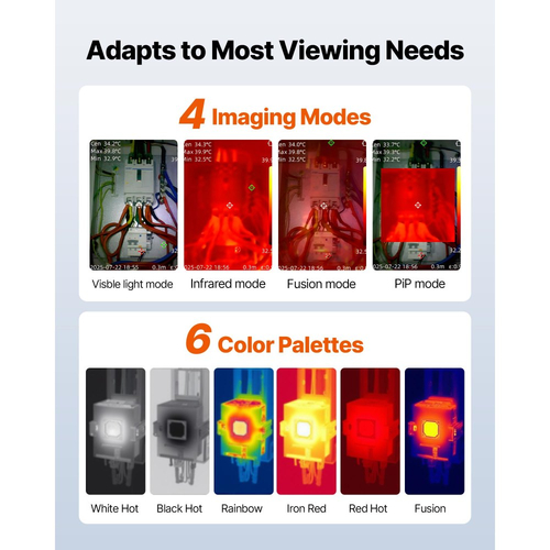 Θερμική κάμερα VEVOR, 320 x 240 TISR Super Resolution, Θερμική κάμερα απεικόνισης με οπτική κάμερα 2MP, ανάλυση IR 160 x 120, ρυθμός ανανέωσης 25 HZ, -4°F έως 1022°F, 4 λειτουργίες εικόνας και 6 παλέτες χρωμάτων
