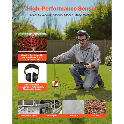 Ανιχνευτής διαρροών νερού VEVOR, 1Hz-5000Hz, LCD οθόνη αφής, εντοπιστής διαρροών αγωγών για υπόγειες υδραυλικές εγκαταστάσεις 2 μέτρων – με αισθητήρα, 3 ακρόαση, ακουστικά, κάρτα 8GB και θήκη μεταφοράς