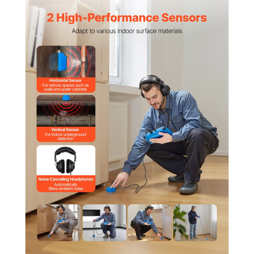 Ανιχνευτής διαρροών νερού VEVOR για εσωτερικούς χώρους, 1Hz-10000Hz, οθόνη αφής LCD, ανιχνευτής διαρροών νερού υδραυλικών εγκαταστάσεων με οριζόντιους και κάθετους αισθητήρες, ακουστικά, κάρτα SD 8GB και θήκη μεταφοράς για οικιακή χρήση