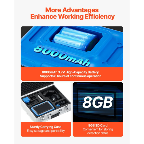 Ανιχνευτής διαρροών νερού VEVOR για εσωτερικούς χώρους, 1Hz-10000Hz, οθόνη αφής LCD, ανιχνευτής διαρροών νερού υδραυλικών εγκαταστάσεων με οριζόντιους και κάθετους αισθητήρες, ακουστικά, κάρτα SD 8GB και θήκη μεταφοράς για οικιακή χρήση