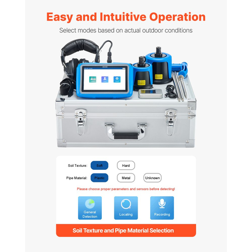 Ανιχνευτής διαρροών νερού VEVOR για εξωτερικούς χώρους, 1Hz-10000Hz, Εντοπιστής διαρροών με οθόνη αφής LCD για υπόγειες υδραυλικές εγκαταστάσεις 5 μέτρων - με μεσαίο και μεγάλο αισθητήρα, 3 ακρόαση, ακουστικά και θήκη