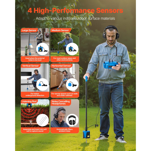 Ανιχνευτής διαρροών νερού VEVOR με 4 αισθητήρες, 1Hz-10000Hz, οθόνη αφής LCD, ανιχνευτής διαρροών υπόγειων υδραυλικών εγκαταστάσεων με 3 ακρόαση, ακουστικά, κάρτα 8GB και θήκη μεταφοράς για εσωτερικούς και εξωτερικούς χώρους