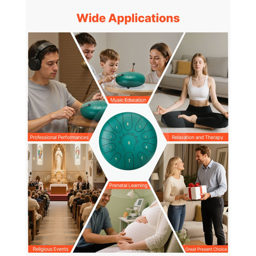 VEVOR Ατσάλινο Τύμπανο με Γλώσσα, 25,4cm 11 Νότες Τύμπανο Βροχής για Εξωτερικό Κήπο, Μουσικά Τύμπανα σε Ντο Μείζονα με Βιβλίο Μουσικής & Σφυράκια, Κρουστά Όργανα για Διαλογισμό Γιόγκα για Αρχάριους, Πράσινο