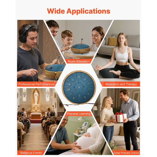 VEVOR Ατσάλινο Τύμπανο με Γλώσσα, 30,5cm 13 Νότες Τύμπανο Βροχής για Εξωτερικό Κήπο, Μουσικά Τύμπανα σε Ντο Μείζονα με Βιβλίο Μουσικής & Σφυράκια, Κρουστά Όργανα για Διαλογισμό Γιόγκα για Αρχάριους, Μουσική Εκπαίδευση, Μπλε Ναυτικό