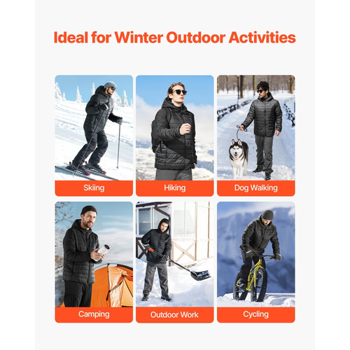 Θερμαινόμενο μπουφάν VEVOR για άνδρες με μπαταρία 7.4V, ηλεκτρικό θερμαινόμενο παλτό με μαλακό κέλυφος, αντιανεμικό ελαφρύ εξωτερικό ένδυμα με 6 ζώνες θέρμανσης και 3 ρυθμίσεις θερμότητας για πεζοπορία, εργασία σε εξωτερικούς χώρους, μαύρο