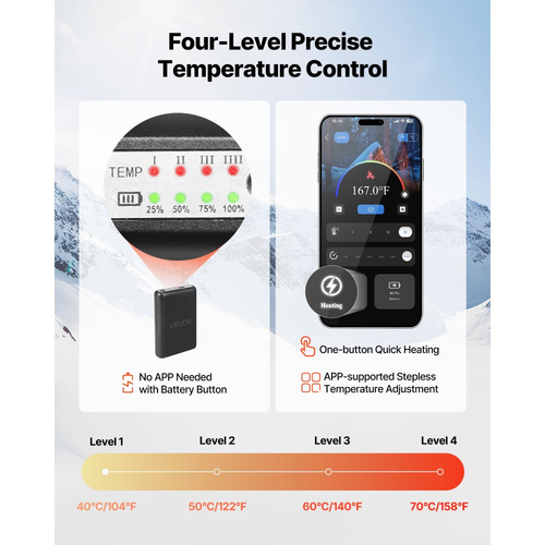Θερμαινόμενες κάλτσες VEVOR, πολύ μεγάλου μεγέθους, επαναφορτιζόμενες θερμαινόμενες κάλτσες με μπαταρία 5000mAh και 4 επίπεδα θέρμανσης, ηλεκτρική θερμαινόμενη κάλτσα με έλεγχο APP για άνδρες και γυναίκες, θερμαντήρας ποδιών για κυνήγι, ιππασία, κατασκήνωση, πεζοπορία