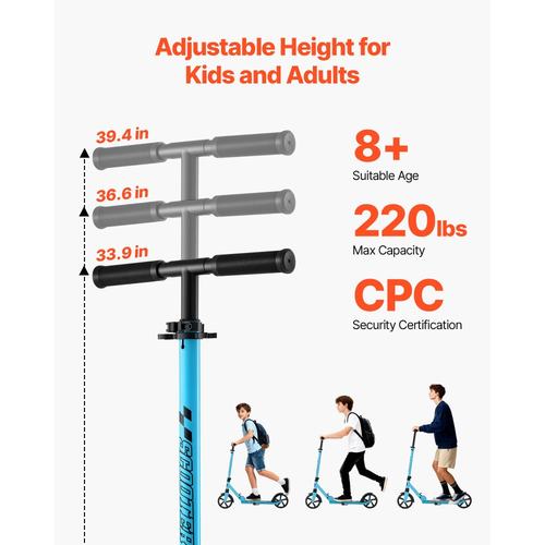 Πατίνι VEVOR για παιδιά 8+ ετών, εφήβους και ενήλικες, δίτροχο πατίνι για νήπια με ρυθμιζόμενο ύψος τιμονιού, φαρδύ αντιολισθητικό δάπεδο, πτυσσόμενο ελαφρύ για αγόρια και κορίτσια έως 99,8 κιλά, μπλε + μαύρο