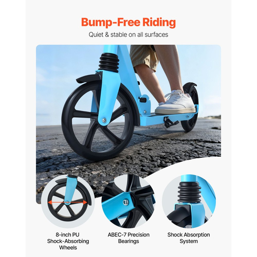 Πατίνι VEVOR για παιδιά 8+ ετών, εφήβους και ενήλικες, δίτροχο πατίνι για νήπια με ρυθμιζόμενο ύψος τιμονιού, φαρδύ αντιολισθητικό δάπεδο, πτυσσόμενο ελαφρύ για αγόρια και κορίτσια έως 99,8 κιλά, μπλε + μαύρο