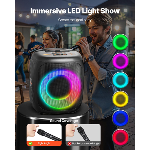Μηχανή Καραόκε VEVOR για Ενήλικες, 15W, Φορητό Ηχείο Bluetooth 4 ιντσών με 2 Ασύρματα Μικρόφωνα, Φως LED, Λειτουργία TWS, Λαβή, Υποστηρίζει Κάρτα Micro TF, USB, AUX, για Τραγούδι σε Πάρτι Καραόκε στο Σπίτι