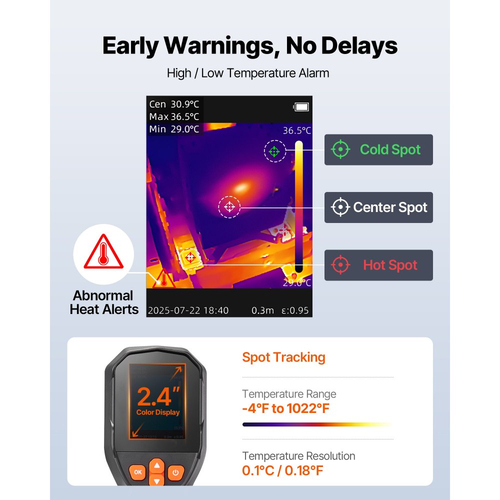 Θερμική κάμερα VEVOR, TISR Super Resolution 240x180, Θερμική κάμερα απεικόνισης με οπτική κάμερα 2MP, ανάλυση IR 96x96, ρυθμός ανανέωσης 25HZ, -4°F έως 1022°F, 4 λειτουργίες εικόνας και 6 παλέτες χρωμάτων