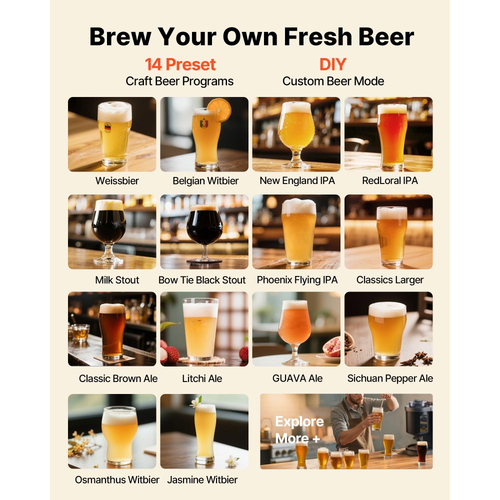 Αυτόματη οικιακή ζυθοποιία VEVOR, οικιακή μηχανή ζυθοποίησης 13 λίτρων, ηλεκτρική μηχανή ζυθοποίησης μπύρας 1500W με συσκευή βρασμού, εσωτερική δεξαμενή από ανοξείδωτο ατσάλι 304, αυτόματος έλεγχος θερμοκρασίας και πίεσης