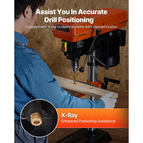 Επιτραπέζιο τρυπάνι VEVOR 254 mm, επαγωγικός κινητήρας 550W, επιτραπέζιο τρυπάνι με ρυθμιζόμενη ταχύτητα 550 / 950 / 1500 / 2000 / 2500 σ.α.λ., τραπέζι εργασίας με κλίση 0-45°, τοποθέτηση ακτίνων Χ, για ξύλο και μέταλλο