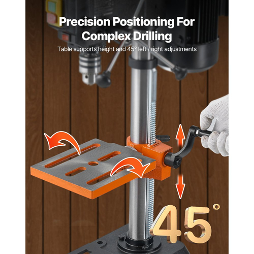 Επιτραπέζιο τρυπάνι VEVOR 254 mm, επαγωγικός κινητήρας 550W, επιτραπέζιο τρυπάνι με ρυθμιζόμενη ταχύτητα 550 / 950 / 1500 / 2000 / 2500 σ.α.λ., τραπέζι εργασίας με κλίση 0-45°, τοποθέτηση ακτίνων Χ, για ξύλο και μέταλλο