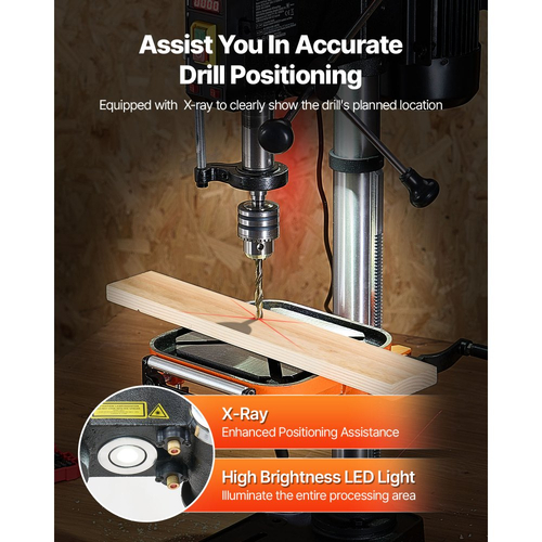 Πρέσα Δράπανου Πάγκου VEVOR 304,8 mm, 750W, Πρέσα Δράπανου Πάγκου Μεταβλητής Ταχύτητας 340-2200 RPM, με τραπέζι εργασίας με κλίση 0-45°, Φως Εργασίας LED, Ρύθμιση Θέσης Ακτίνων Χ, Επιτραπέζια Μηχανή Δράπανου για Ξύλο και Μέταλλο