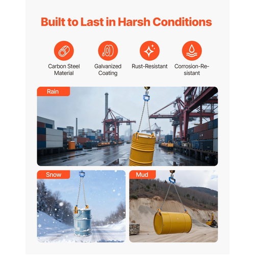 Ανυψωτικό τυμπάνων αλυσίδας VEVOR, ιμάντας αλυσίδας ανύψωσης τυμπάνων G80 με γάντζο ασφαλείας, τύμπανα που χειρίζονται χωρητικότητα 1 τόνου, εξοπλισμός που ταιριάζει για περονοφόρο ανυψωτικό γερανού, ανυψωτικό βαρελιών από ανθρακούχο χάλυβα για πλαστικά και μεταλλικά βαρέλια