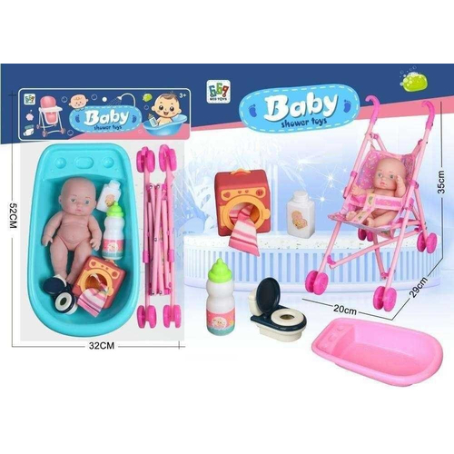 Κούκλα μωρό με σετ μπάνιου και καροτσάκι - 669-609B - 215565