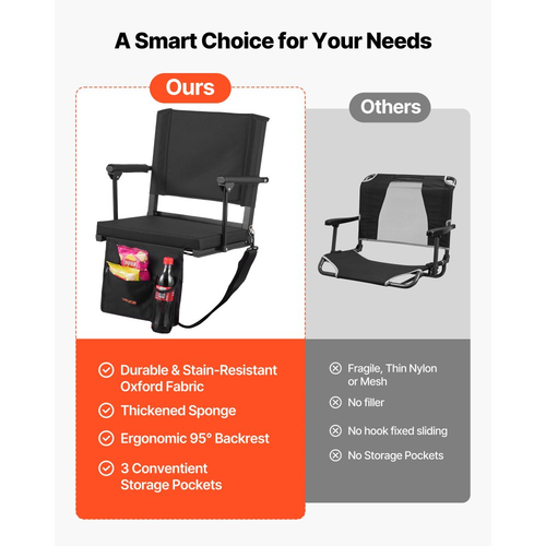 Κάθισμα Σταδίου VEVOR, Φορητό Κάθισμα Κερκέδας με Υποβραχιόνιο, Στήριγμα Πλάτης και Χοντρό Μαξιλάρι, Πολυθρόνα Πάγκου για Κερκέδα που Περιλαμβάνει Ιμάντα Ώμου, Γάντζους, Θήκη Ποτηριού, Μαύρα Καθίσματα Κερκέδας Ποδοσφαίρου, 1 Τεμάχιο