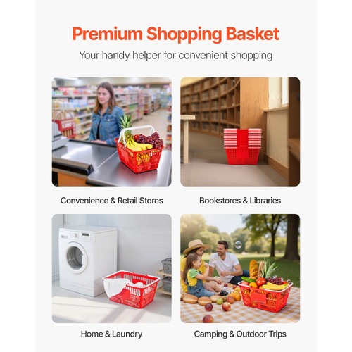 Καλάθια αγορών VEVOR, 12 τεμάχια, πλαστικά καλάθια παντοπωλείου PE 21L με λαβές, πυκνή δομή πλέγματος, χωρητικότητα έως 9,07kg, φορητά για παντοπωλεία, λιανική πώληση, καταστήματα, σούπερ μάρκετ, οικιακή χρήση, κόκκινο