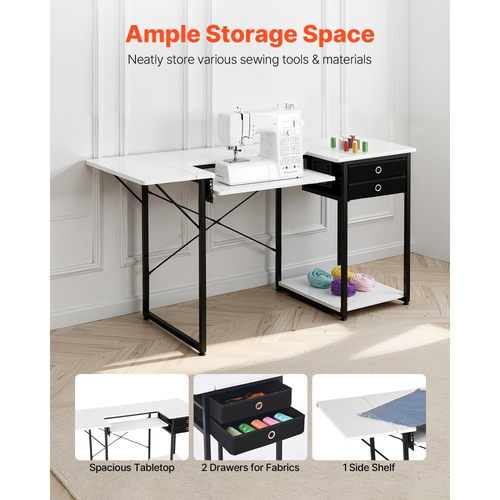 Τραπέζι Ραπτικής VEVOR, Τραπέζι Ραπτομηχανής Πολλαπλών Χρήσεων με Συρτάρια, Πτυσσόμενο Πλαϊνό Ράφι, Ρυθμιζόμενο Ράφι, Ατσάλινα Πόδια, Γραφείο Υπολογιστή για το Σπίτι, Στούντιο Μόδας, Στούντιο Τέχνης, Εκπαιδευτικό Ίδρυμα