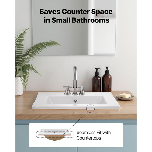 Ημιενθετικός Νιπτήρας Μπάνιου VEVOR, Ορθογώνιος Λευκός Κεραμικός Νιπτήρας 510 x 465 mm με Υπερχείλιση και 3 Τρύπες Βρύσης, Μοντέρνος Ορθογώνιος Νιπτήρας Μπάνιου με Ντουλάπι και Μπάνιο για Μικρό Χώρο