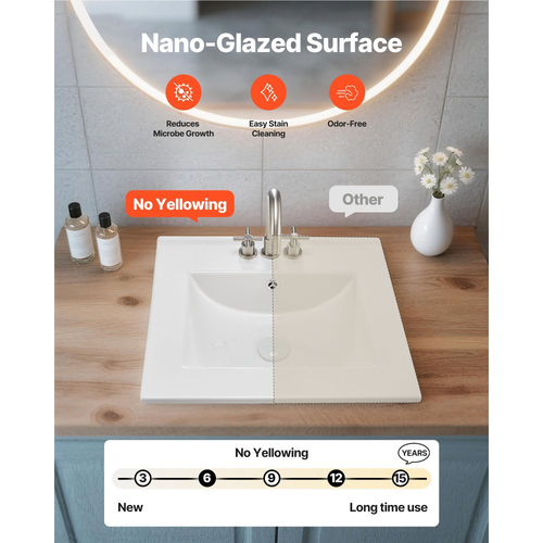 Ημιενθετικός Νιπτήρας Μπάνιου VEVOR, Ορθογώνιος Λευκός Κεραμικός Νιπτήρας 510 x 465 mm με Υπερχείλιση και 3 Τρύπες Βρύσης, Μοντέρνος Ορθογώνιος Νιπτήρας Μπάνιου με Ντουλάπι και Μπάνιο για Μικρό Χώρο