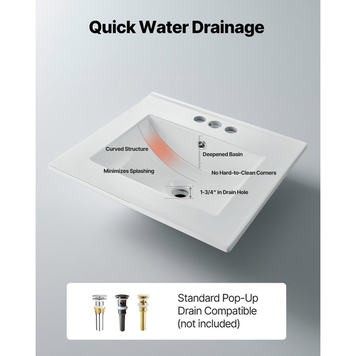 Ημιενθετικός Νιπτήρας Μπάνιου VEVOR, Ορθογώνιος Λευκός Κεραμικός Νιπτήρας 510 x 465 mm με Υπερχείλιση και 3 Τρύπες Βρύσης, Μοντέρνος Ορθογώνιος Νιπτήρας Μπάνιου με Ντουλάπι και Μπάνιο για Μικρό Χώρο