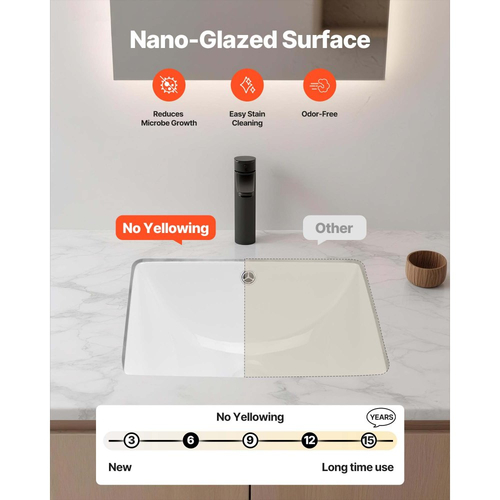 Νιπτήρας μπάνιου VEVOR Υποστηριζόμενος, Ορθογώνιος λευκός κεραμικός νιπτήρας 460 x 330 mm με οπή υπερχείλισης, Μοντέρνος νιπτήρας μπάνιου με δυνατότητα τοποθέτησης κάτω από τον πάγκο, Ορθογώνιος για μικρό χώρο
