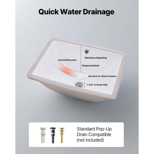 Νιπτήρας μπάνιου VEVOR Υποστηριζόμενος, Ορθογώνιος λευκός κεραμικός νιπτήρας 460 x 330 mm με οπή υπερχείλισης, Μοντέρνος νιπτήρας μπάνιου με δυνατότητα τοποθέτησης κάτω από τον πάγκο, Ορθογώνιος για μικρό χώρο