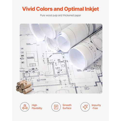 Χαρτί μεγάλου μεγέθους VEVOR, ρολό σχεδίασης 609,6 mm x 91,4 m, 2 ρολά CAD Bond Rolls με πυρήνα 50,8 mm, 80 ρολά σχεδίασης GSM, για σχέδια CAD, μηχανικά σχέδια, χάρτες GIS και αρχιτεκτονικά σχέδια
