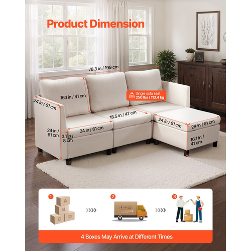 Καναπές VEVOR Modular, Τριθέσιος καναπές με κρυφό αποθηκευτικό χώρο, Καναπές Cloud με σκαμπό και σφουγγάρι υψηλής αναπήδησης, Καναπές με ταπετσαρία από μασίφ ξύλο για σαλόνι, υπνοδωμάτιο, μπεζ